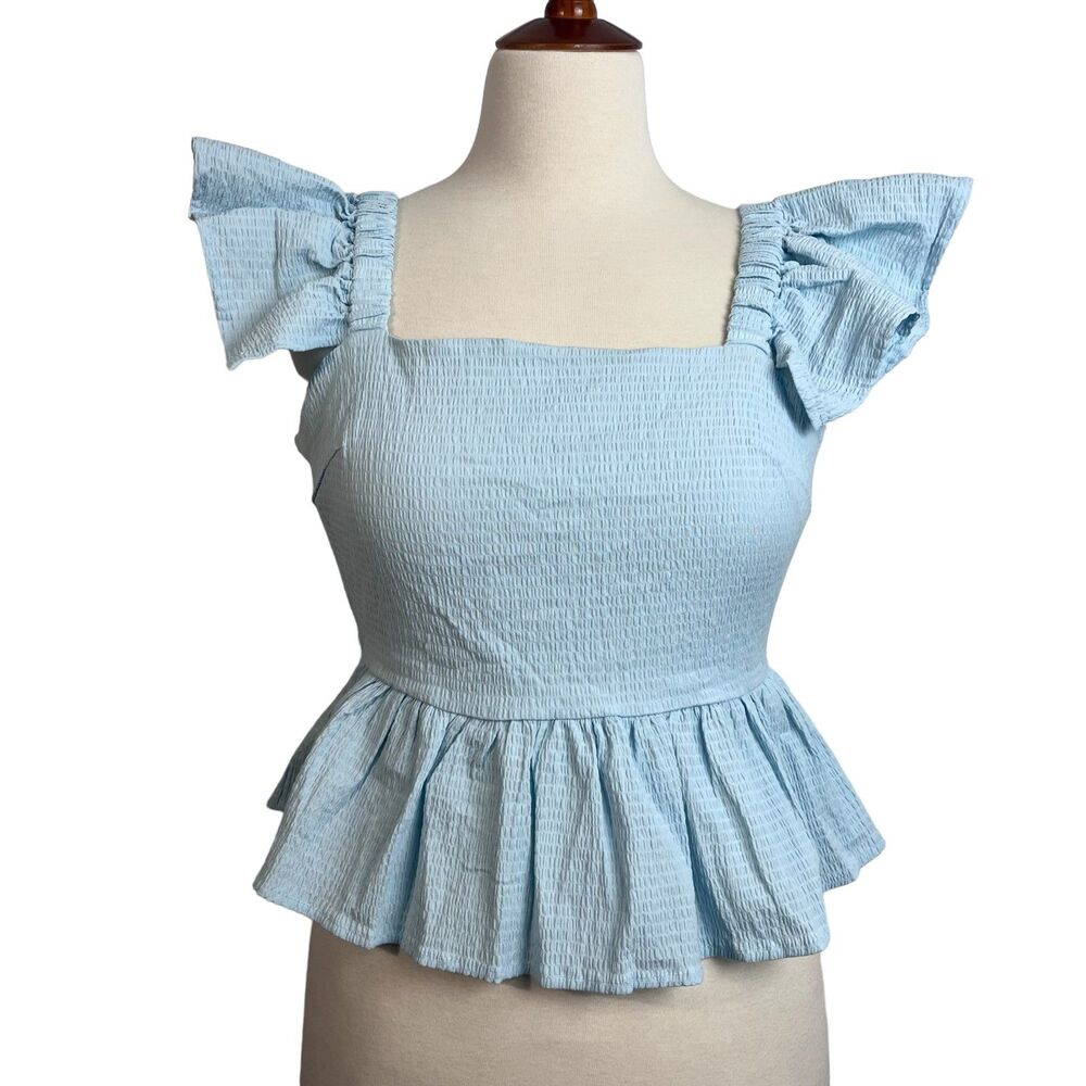 Anisa Peplum Jessie Bow Back Blouse in Light Blue by Francesca’s